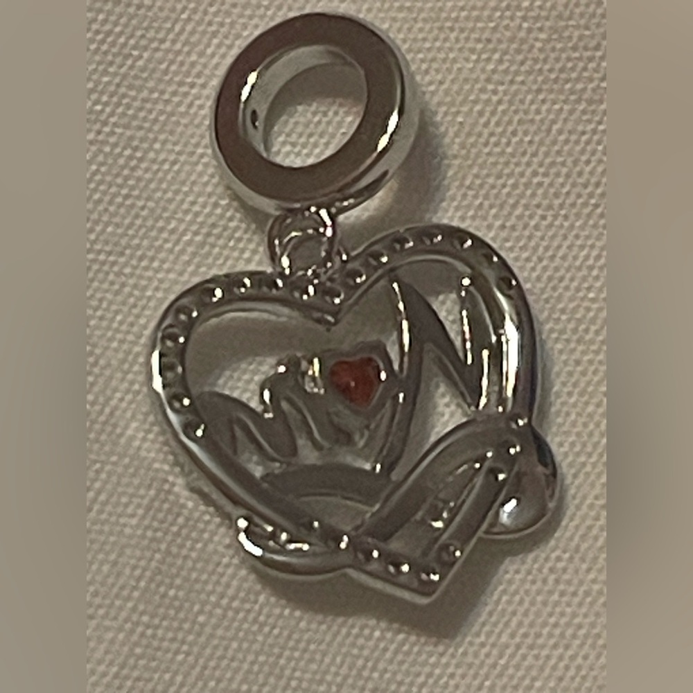Pandora 925 Silver Heart Infinity “Mom” Charm Pendant with Red Gemstone - Picture 7 of 8